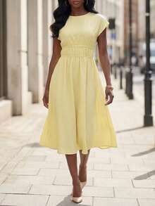 Editum Women's Pale Yellow Summer Casual Brunch Dress,Ruched Waist Flared Solid Color Elegant French Style Retro Country Work Outfits For Wedding Guest - Yellow - View 6
