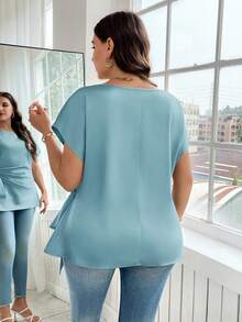 Reflora Plus Size Women's Fashionable Elegant Solid Color Tie Blouse - Mint Blue - View 4