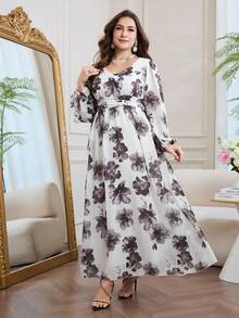Modelyn 浪漫雪纺印花长袖A字型长连衣裙，大码，春夏款 - 彩色 - 查看 3