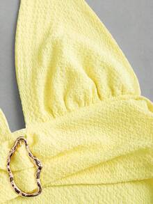 Sweetra Đầm ngắn cổ yếm xếp ly, màu nâu có họa tiết, trang nhã với khóa kim loại, phù hợp cho tiệc năm mới. - Màu vàng ngỗng - Xem 5