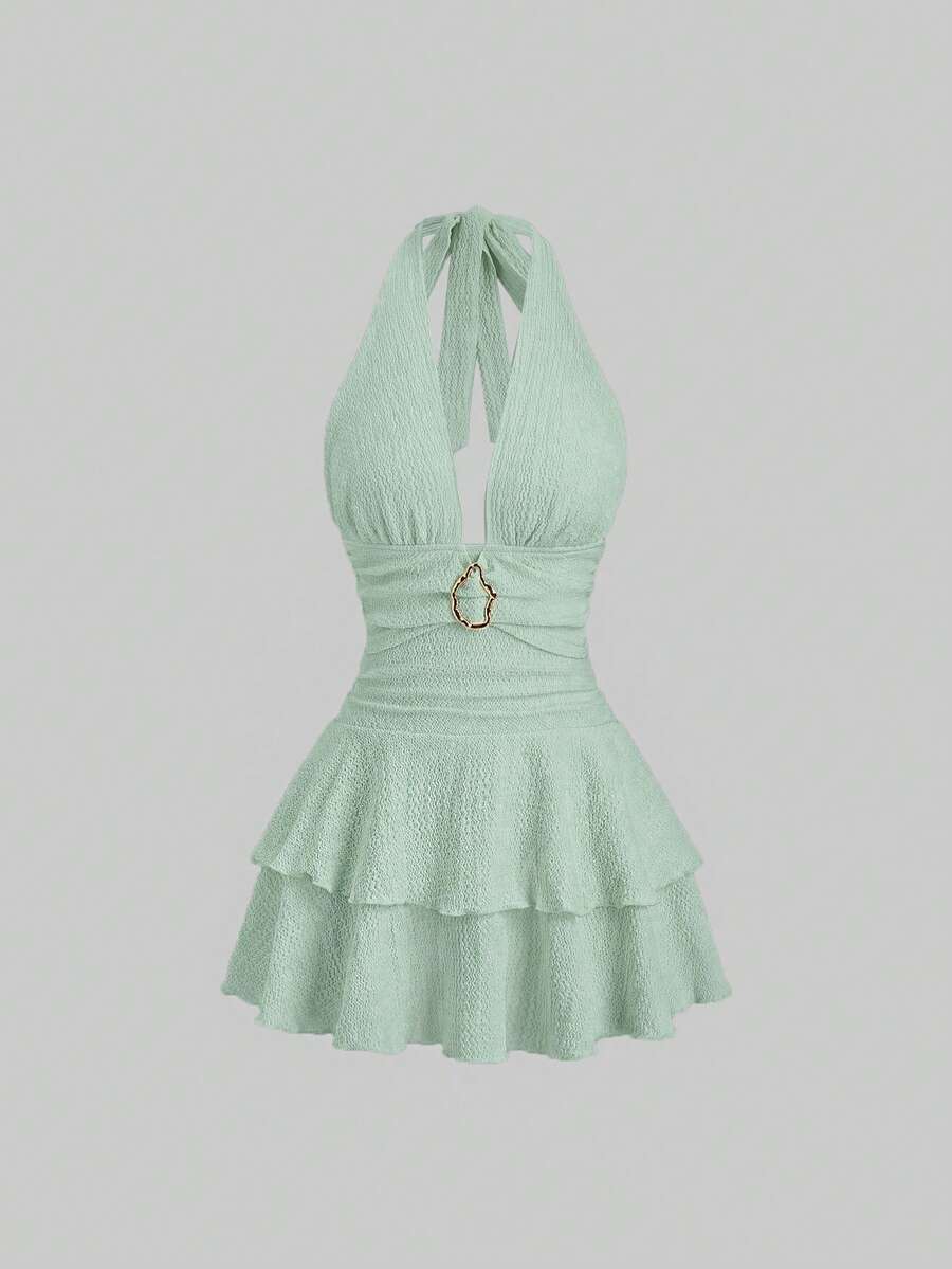 Sweetra Elegant Textured Brown Metal Buckle Decor Halter Neck Ruffle Hem Short Dress, Suitable For New Year Party - Green - View 1
