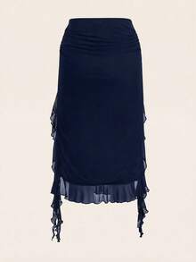 SHEIN ICON Women's Solid Color Ruffle Hem Slit Hem Midi Skirt - Navy Blue - View 2