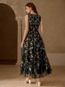 MOTF PREMIUM WOMEN'S EMBROIDERY MESH FLORAL PATTERN ROMANTIC DATE SLEEVELESS LONG DRESS, SPRING/SUMMER - Black - View 3