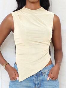 Mima John Women's Solid Color Stand Collar Pleated Asymmetric Hem Fitted Casual Tank Top, Spring/Summer - Apricot - View 4