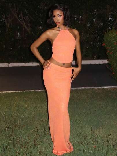 Mima John 女士夏季度假海滩性感露背串珠花卉针织橙色吊带上衣 + 加长针织花卉图案短裙 2 件套秋冬性感女装