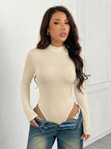 SHEIN PETITE Women Stand Collar Long Sleeve Casual Bodysuit - Apricot - View 8