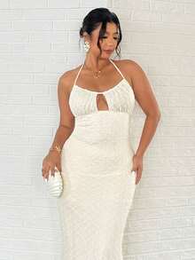Firerie Plus Size Elegant Holiday Minimalist Romantic Date Draped Neck Bustier Textured Bodycon Slim Fit Maxi Dress, Boho Women Mini Dresses, Fairycore, Women's Elegant Sexy Delicate Romantic Fashion New Wedding Guest Music Festival Party Daily Vacation Backless Tie Strap Textured Bodycon Midi Dress, Beach Outfits For Women, Airport Outfit Women, Vacation Outfits - Apricot - View 10
