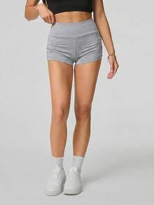 SHEIN Tall Quần short biker nữ màu trơn, xếp ly, thích hợp cho đạp xe mùa hè và tập yoga. - Xám - Xem 3