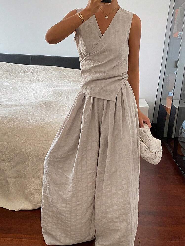 Women's Summer Casual Solid Color Wrap Tank Top And Wide Leg Pants 2 Pieces Set