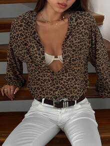 DAZY Áo khoác nhẹ in họa tiết da báo thời trang dành cho nữ - màu nâu - Xem 1