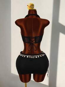 Amplova Rope, Starfish & Shell Decor Cropped Tank Top And Mini Skirt 2 Pieces Set - Black - View 2