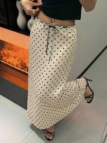 DAZY Spring & Summer Polka Dot Allover Print Waist Tie Bow Contrast Color Cocktail Party Wedding Formal Mermaid Bodycon Skirt For Women - Beige - View 6