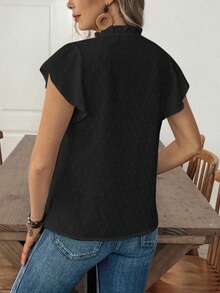 Louniche Women's Casual Vacation Solid Color Cutout Lace V-Neck Ruffle Sleeve Blouse, Spring/Summer - Black - View 2