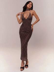 Aloruh 浪漫约会之夜棕色波点网纱吊带系带修身长裙（女款） - 棕色 - 查看 4