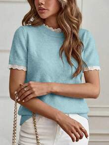 Louniche Elegant Apricot Crew Neck Lace Trim Knit Short Sleeve Sweater, Suitable For Commuting, Home, And Daily Wear, Spring/Summer - Blue - View 3