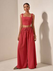 Zivah Setelan 2 Potong Wanita Musim Panas Elegan Warna Merah, Atasan Crop Bertali Motif Tulang Ikan Bertekstur dan Celana Panjang Lebar dengan Saku, Pakaian Santai Musim Semi Musim Panas untuk Berlayar - Rose Red - View 6