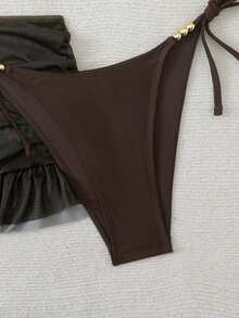 Swim SXY Bộ bikini 3 món gợi cảm màu trơn dành cho nữ, cổ chữ V, buộc dây cổ, kèm áo khoác ngoài. - màu nâu - Xem 5