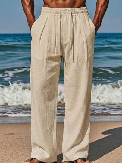 VIVINTIMO Men's Solid Color Pocket Drawstring Beach Vacation Casual Pants
