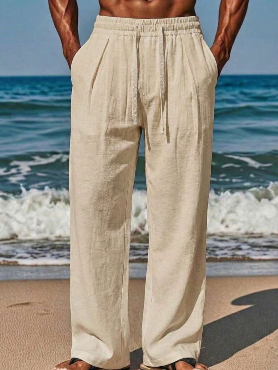 VIVINTIMO Men's Solid Color Pocket Drawstring Beach Vacation Casual Pants, Holiday - Khaki - View 1