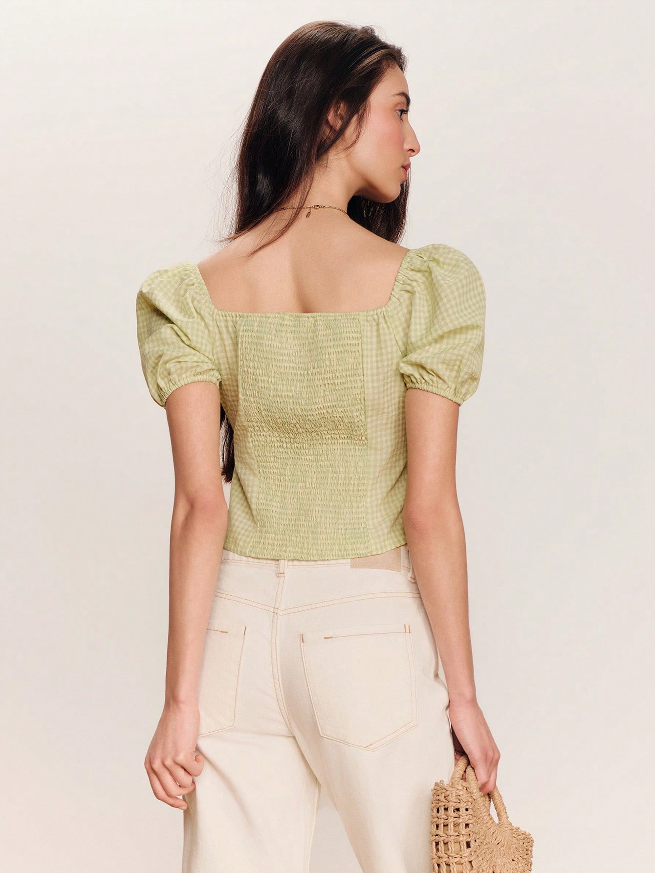 Cute Square Neck And Puff Sleeves Green Checked Blouse Romantic Elegant Top Going Out Vintage Top Cute Top Spring Summer Vacation Top Holiday Top French Style Parisian Style