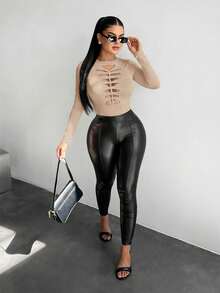 SHEIN SXY 时尚性感纯色镂空长袖T恤 - 卡其色 - 查看 5