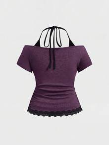 ROMWE Fairycore Plus Size Retro Y2K Totem Rhinestone Lace Trim Deep V-Neck 2 In 1 Cinched Waist T-Shirt - Purple - View 2