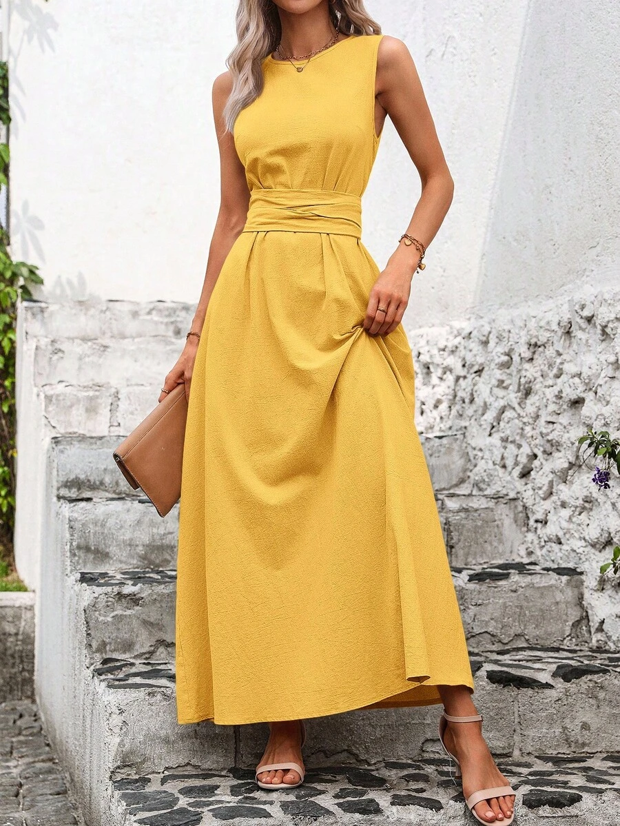 Chikora 大码女士亚麻条纹圆领腰部蝴蝶结口袋无袖宽松休闲连衣裙，适合各种场合，休闲、通勤、旅行、商务休闲女装 - 黃色 - 查看 1