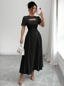 Elenzga Vestido midi de mujer de unicolor con cuello redondo, cintura hueca plisada, estilo princesa vintage con mangas abullonadas, color albaricoque, elegante, estilo francés retro romántico y minimalista, adecuado para oficina, viajes, negocios, casual, playa, citas, nueva llegada de primavera/verano - Negro - Ver 3