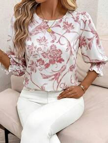 SHEIN Clasi 女士圆领中袖宽松休闲衬衫 - 粉色 - 查看 5