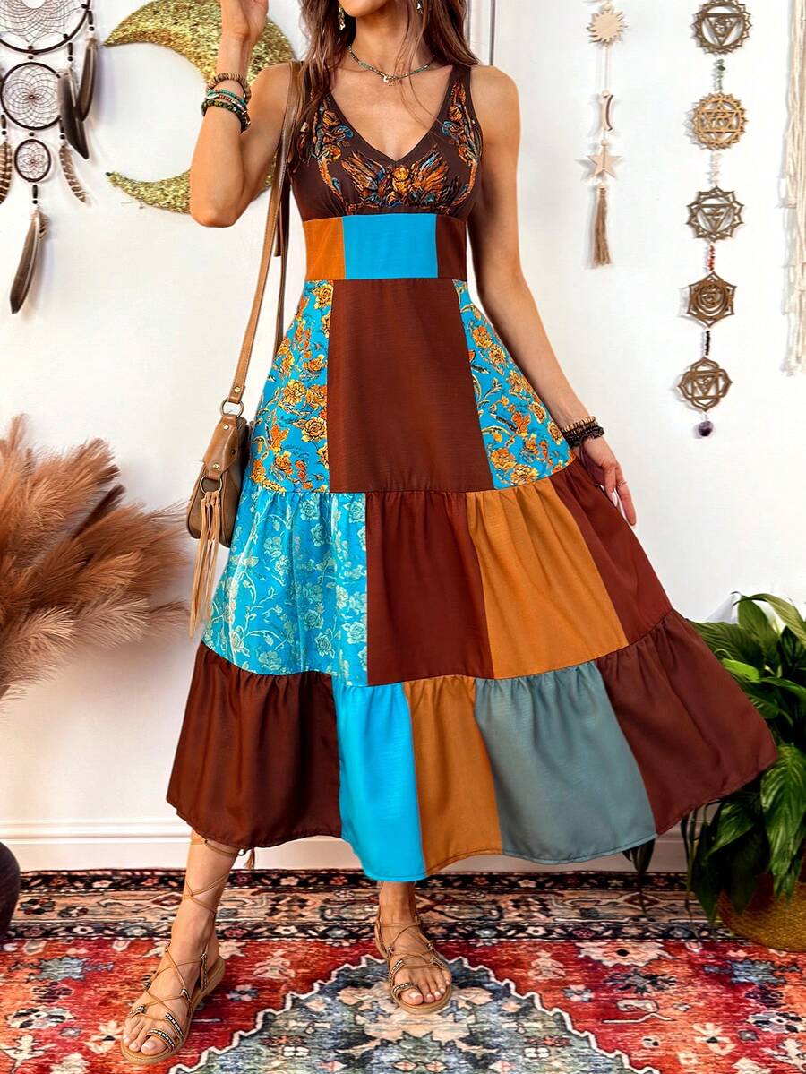Đầm nữ phong cách Bohemian cổ điển in họa tiết ghép mảnh, thích hợp cho kỳ nghỉ. - Nhiều màu - Xem 1
