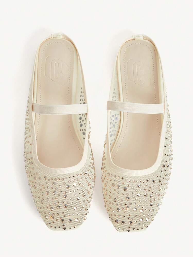 CUCCOO CHICEST Women Shoes Spring And Summer Fashion Beige Full Diamond Mesh Elastic Women Flat Mule Shoes Elegant When Comfortable And Cute Sweet Women Flat Shoes Half Slippers