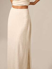 AiiRZ Women's Linen Side Split Maxi Skirt High Waisted Flowy Ankle Length Long Summer Casual Beach Vacation Elegant Natural Cream - Apricot - View 6