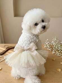 PETSIN 一件猫狗通用服装，蕾丝花朵提花网纱公主风婚纱，优雅猫狗新娘礼服 - 米色 - 查看 2