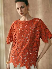 Arave Áo thun nữ thêu họa tiết, thanh lịch, thường ngày, cổ tròn, tay ngắn. - trái cam - Xem 5