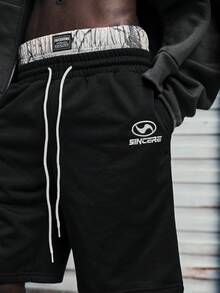 Modcrash Men's Summer Casual Colorblock Waistband Letter Embroidery Drawstring Waist Shorts , Retro American, Unisex, Relaxed Fit Summer Outfits – Suitable For Everyday Wear And Summer Holiday Outfits. - Black - View 5