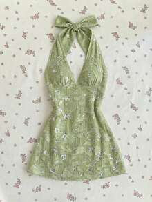 Elamini 女士休闲性感露背系带亮片提花迷你连衣裙 绿色 女士夏季连衣裙 蕾丝碎花连衣裙 露背连衣裙 亮片连衣裙 女士春季连衣裙 - 綠色 - 查看 3