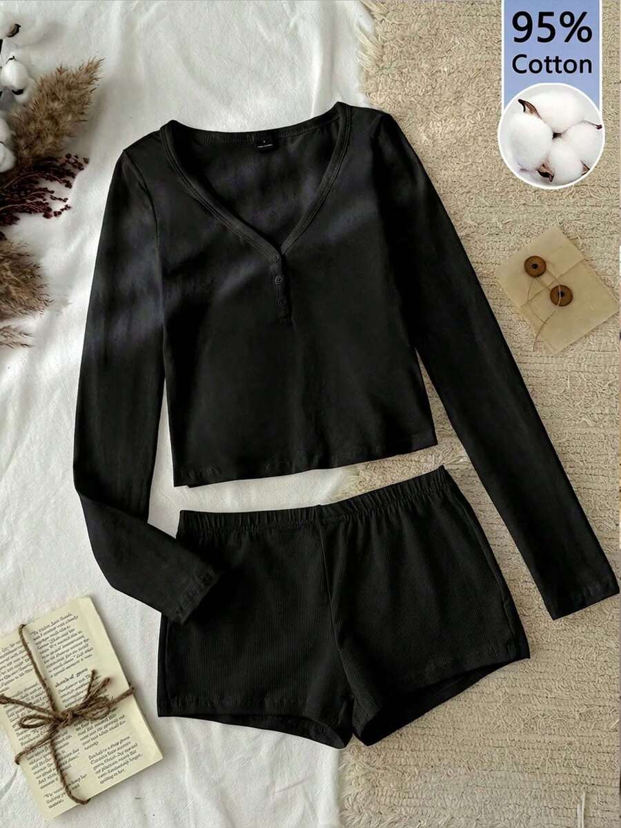 SHEIN EZwear 女士休闲长袖上衣和短裤两件套，95%纯棉，黑色 - 黑色 - 查看 1