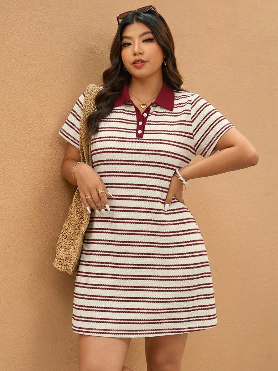 Elaquor Plus Size Casual Striped Short Sleeve Dress - Burgundy - View 1