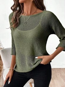 SHEIN 女士纯色简约圆领长袖毛衣，日常穿着 - 軍綠色 - 查看 5
