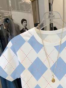 EMERY ROSE Women's Diamond Pattern Round Neck Short Sleeve Casual T-Shirt - Multicolor - View 3