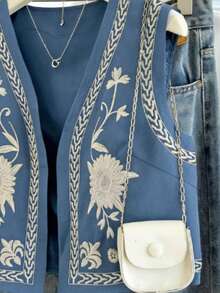 Franclia Women's Retro Floral Pattern Casual Versatile Vest - Navy Blue - View 3