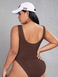 SHEIN EZwear Plus Size Sleeveless Solid Color Bodysuit, Summer - Chocolate Brown - View 2