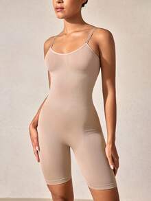 1 Peça Macacão Modelador Sem Costura Feminino, Design de Alça Fina, Afina a Barriga, Levanta o Busto e o Bumbum - Damasco - Visão 8