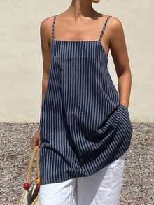 DAZY Damen Sommer gestreifte mittellange lässige Camisole Bluse - marineblau - Übersicht 1