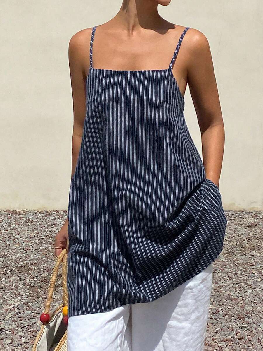DAZY Damen Sommer gestreifte mittellange lässige Camisole Bluse - marineblau - Übersicht 1