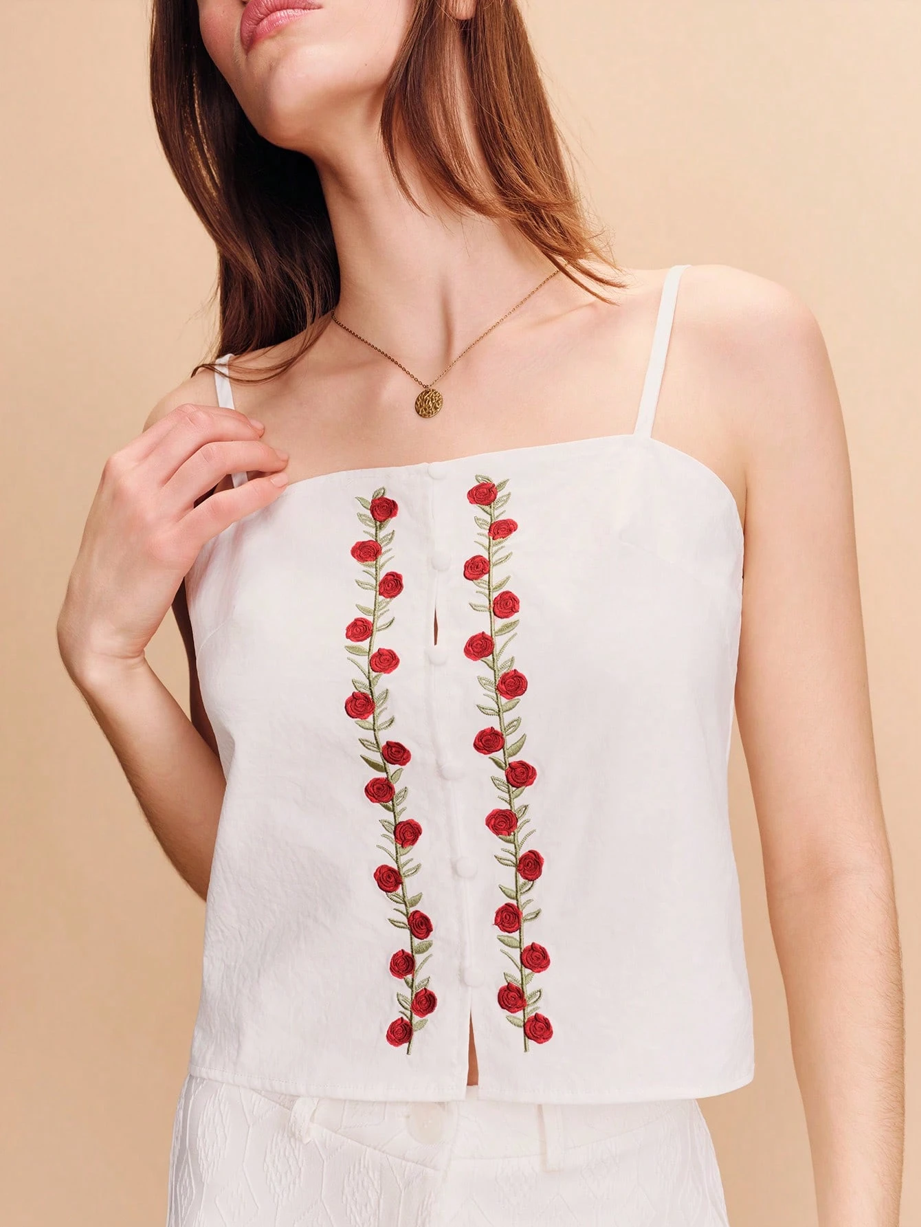 White Straight-Neck Tank Top With Red Floral Embroidery Cute Style Spring Summer French Style Parisian Style White Embroidered Flower Top Vacation Top Boho Top