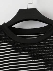 GlowEve CURVE Women's Striped Round Neck Short Sleeve Casual T-Shirt, Lace Patchwork, Summer - Black and White - View 6