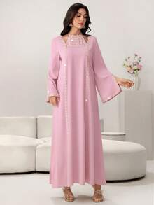 Yasmyna 优雅花卉蕾丝领结喇叭袖连衣裙，春夏款 - 粉色 - 查看 7