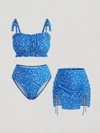 Sweetra CURVE Plus Size 3pcs Set: Ditsy Floral Tankini Top With Adjustable Tie Strap, Matching Print Triangle Bikini Bottoms, And Ruffle Hem Skirt, Elegant Lady Swimwear For Pool Party For Summer Beach Vacation