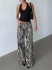 Aloruh 女士口袋斑马纹阔腿宽松休闲牛仔裤 - 白色 - 查看 8